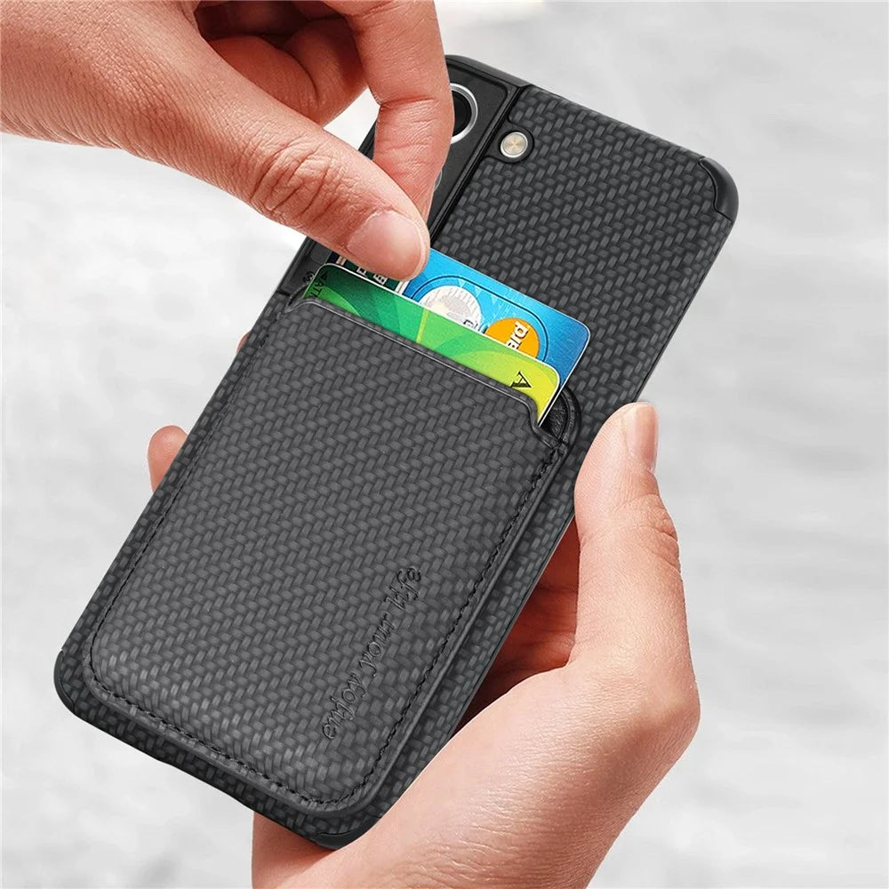 Shockproof Phone Case for Samsung Galaxy S22 5G Carbon Fiber Texture Protective Phone Cover with Detachable Magnetic Card Holder - Black - 4
