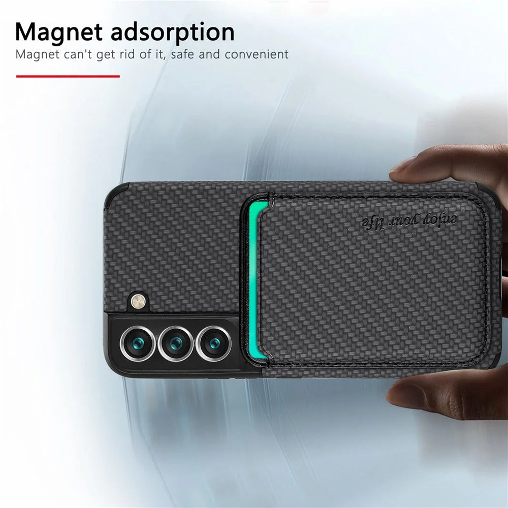 Shockproof Phone Case for Samsung Galaxy S22 5G Carbon Fiber Texture Protective Phone Cover with Detachable Magnetic Card Holder - Black - 5