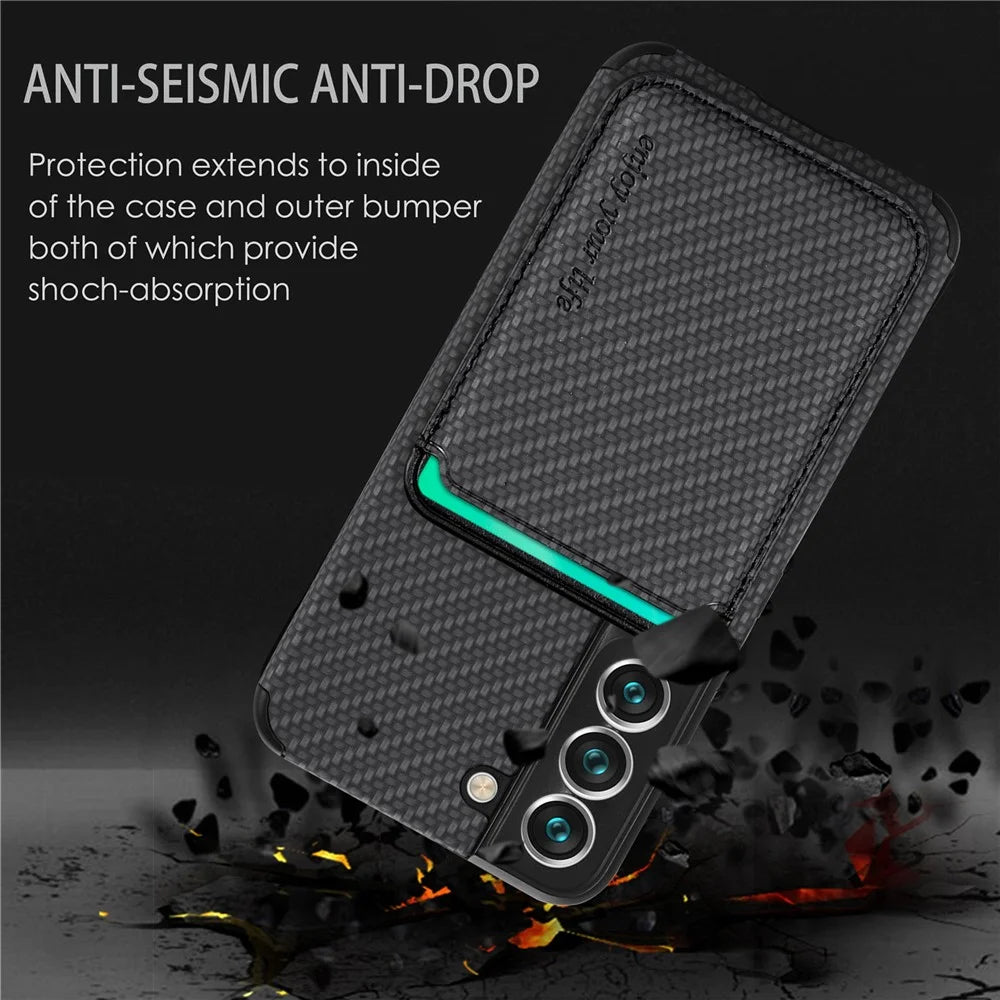 Shockproof Phone Case for Samsung Galaxy S22 5G Carbon Fiber Texture Protective Phone Cover with Detachable Magnetic Card Holder - Black - 6