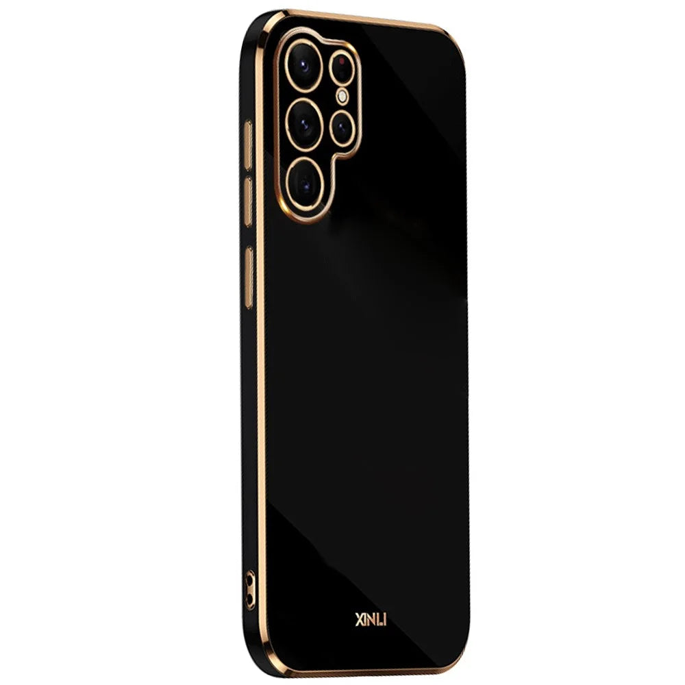 XINLI for Samsung Galaxy S22 Ultra 5G Soft TPU Phone Back Case Precise Lens Cutout Electroplating Golden Edge Protective Cover - Black - 1