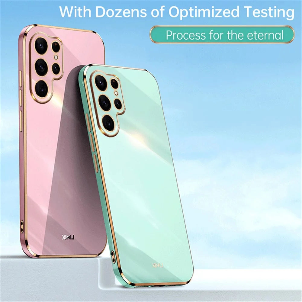XINLI for Samsung Galaxy S22 Ultra 5G Soft TPU Phone Back Case Precise Lens Cutout Electroplating Golden Edge Protective Cover - Black - 6