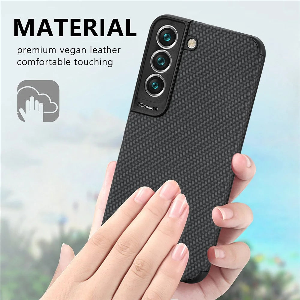 For Samsung Galaxy S21 FE 5G Fiber Texture Phone Cover PU Leather Coated Anti-fingerprint PVC + Soft TPU Protective Case - Black - 4
