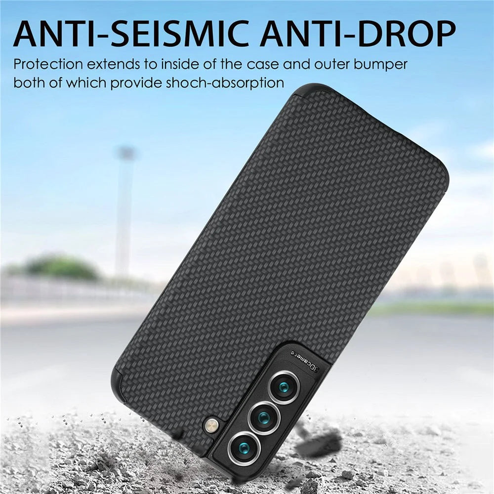 For Samsung Galaxy S21 FE 5G Fiber Texture Phone Cover PU Leather Coated Anti-fingerprint PVC + Soft TPU Protective Case - Black - 6