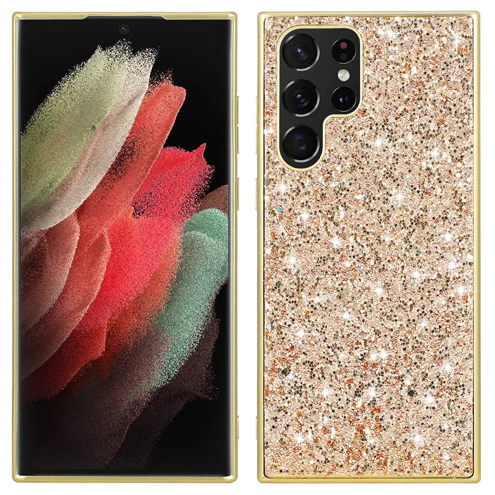 For Samsung Galaxy S22 Ultra 5G Bling Sparkly Glitter Phone Case Electroplating TPU Frame + Hard PC Back Anti-Scratch Protective Phone Cover - Gold - 1