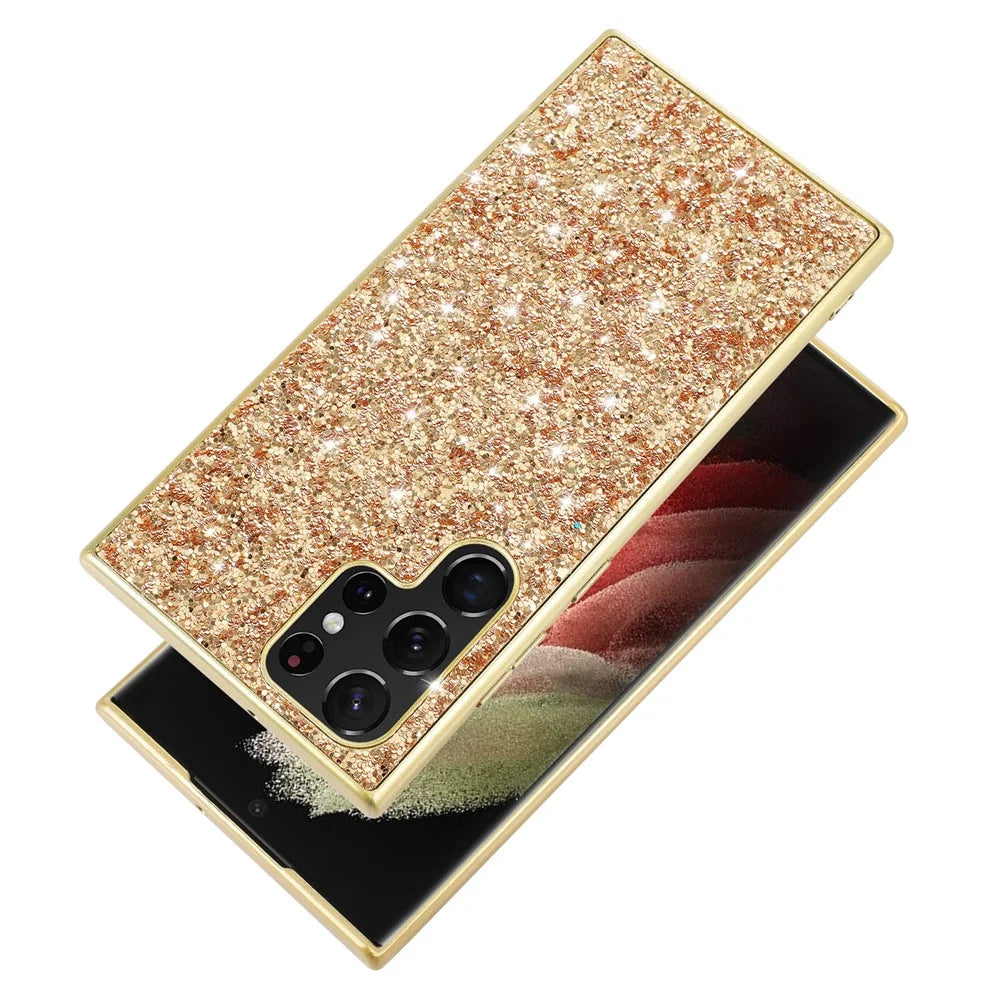 For Samsung Galaxy S22 Ultra 5G Bling Sparkly Glitter Phone Case Electroplating TPU Frame + Hard PC Back Anti-Scratch Protective Phone Cover - Gold - 2