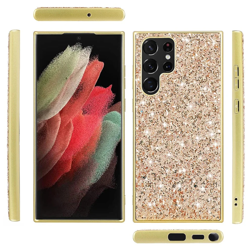 For Samsung Galaxy S22 Ultra 5G Bling Sparkly Glitter Phone Case Electroplating TPU Frame + Hard PC Back Anti-Scratch Protective Phone Cover - Gold - 4