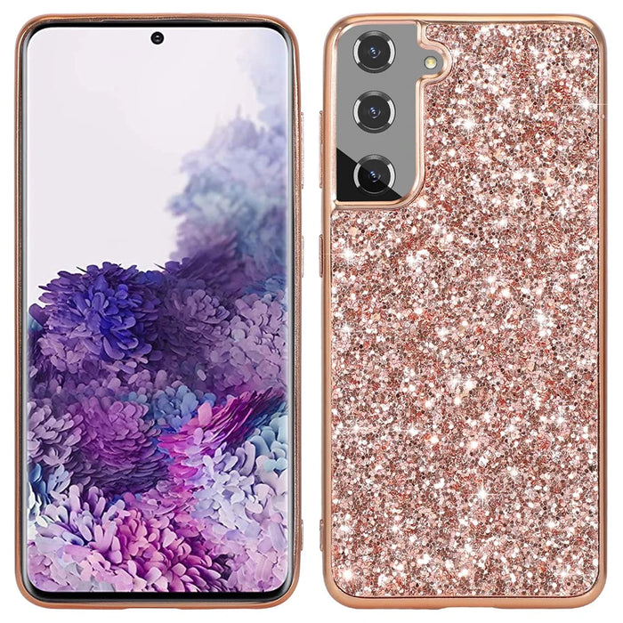 For Samsung Galaxy S22+ 5G Glitter Sequins Case Electroplating TPU Frame + Hard PC Back Dual Layer Hybrid Cover - Rose Gold - 1