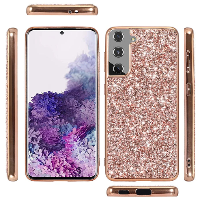 For Samsung Galaxy S22+ 5G Glitter Sequins Case Electroplating TPU Frame + Hard PC Back Dual Layer Hybrid Cover - Rose Gold - 5