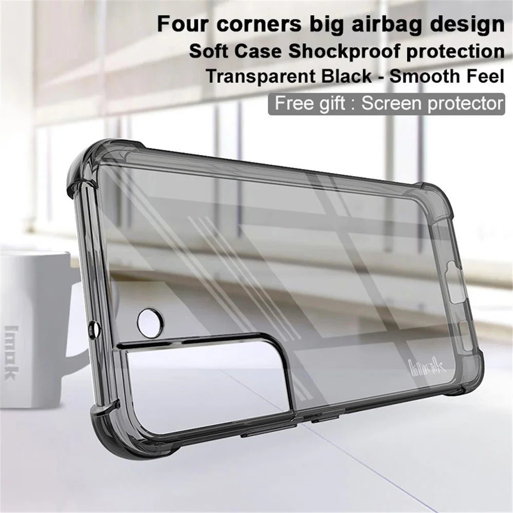 IMAK Airbag Shockproof Case for Samsung Galaxy S22 5G, Clear Soft TPU Anti-Scratch Bumper Protection Phone Cover with Screen Protector - Transparent Black - 5