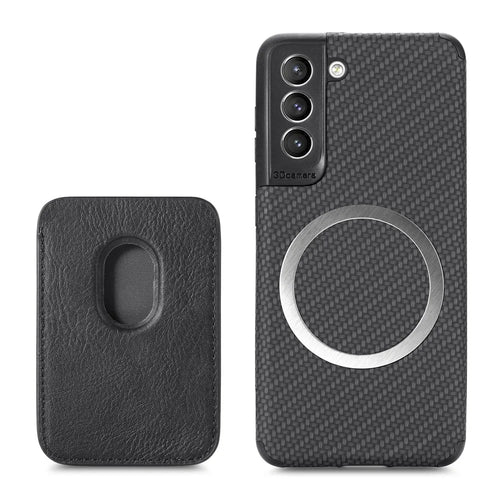 For Samsung Galaxy S21 FE 5G Mobile Phone Bag Case PU Leather Coated TPU + PVC Detachable Card Holder Carbon Fiber Texture Protective Cover - Black - 1