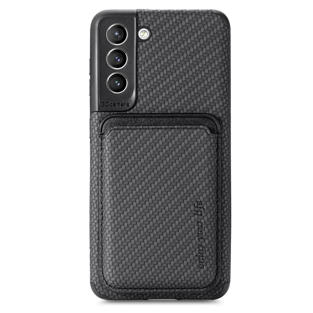For Samsung Galaxy S21 FE 5G Mobile Phone Bag Case PU Leather Coated TPU + PVC Detachable Card Holder Carbon Fiber Texture Protective Cover - Black - 2