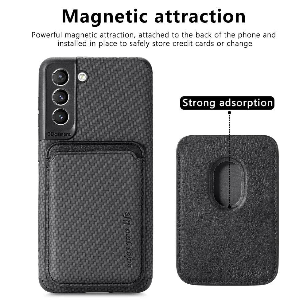 For Samsung Galaxy S21 FE 5G Mobile Phone Bag Case PU Leather Coated TPU + PVC Detachable Card Holder Carbon Fiber Texture Protective Cover - Black - 3