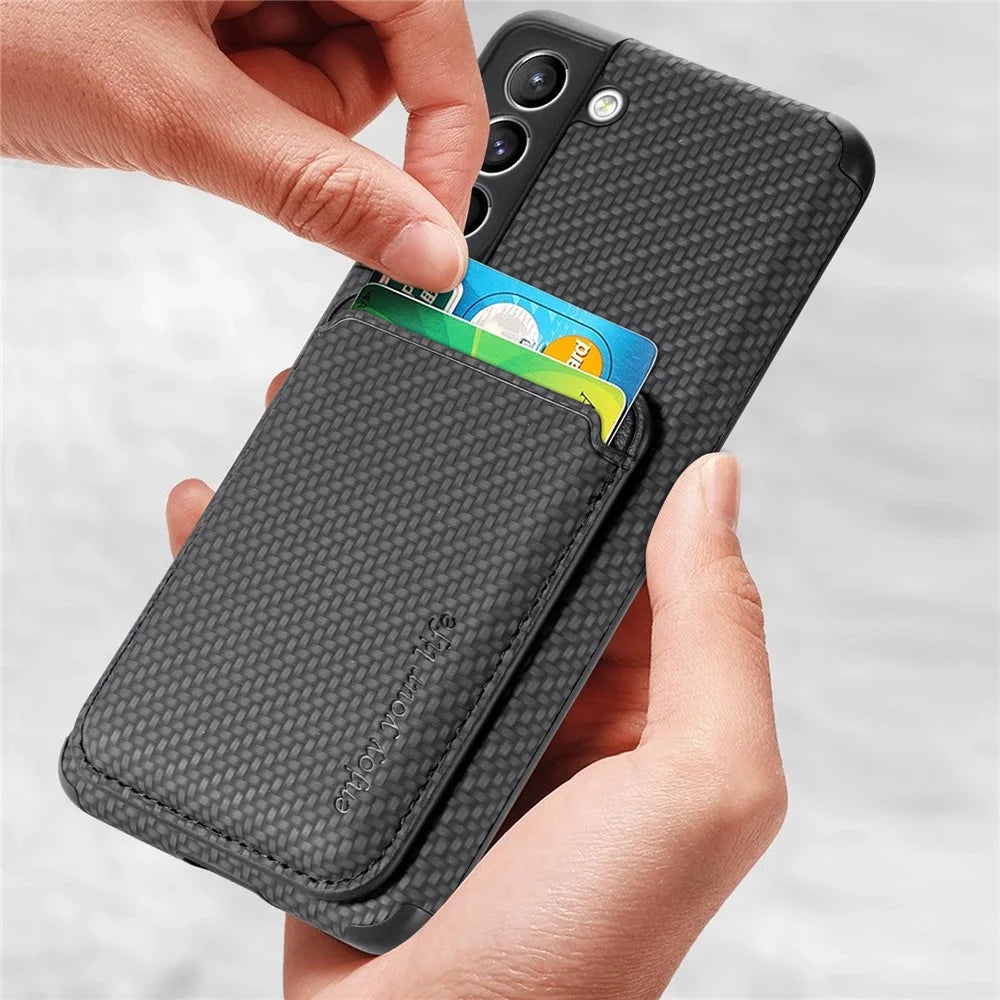 For Samsung Galaxy S21 FE 5G Mobile Phone Bag Case PU Leather Coated TPU + PVC Detachable Card Holder Carbon Fiber Texture Protective Cover - Black - 4