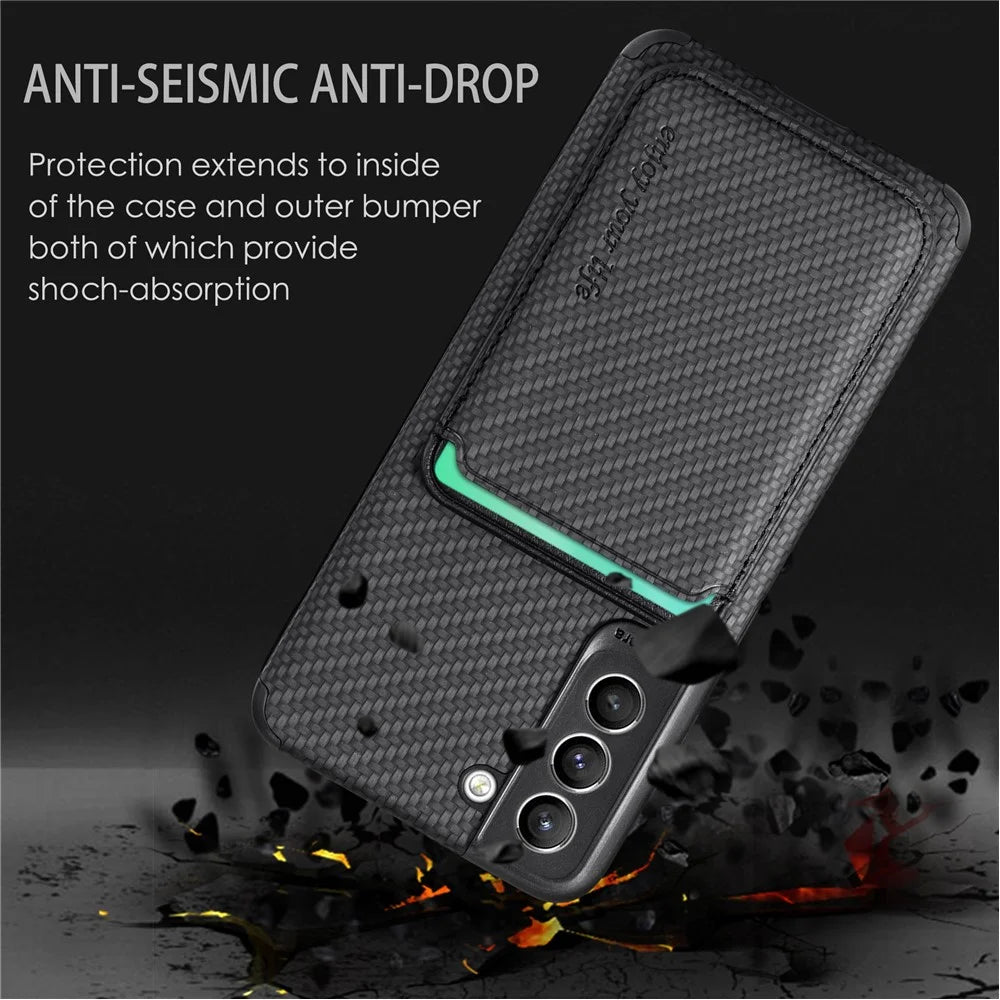 For Samsung Galaxy S21 FE 5G Mobile Phone Bag Case PU Leather Coated TPU + PVC Detachable Card Holder Carbon Fiber Texture Protective Cover - Black - 6