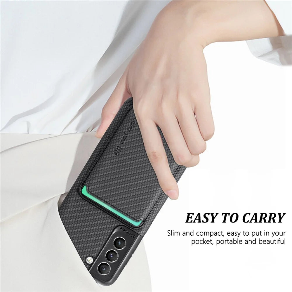 For Samsung Galaxy S21 FE 5G Mobile Phone Bag Case PU Leather Coated TPU + PVC Detachable Card Holder Carbon Fiber Texture Protective Cover - Black - 7