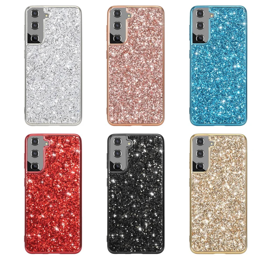 For Samsung Galaxy S21 FE 5G / Galaxy S21 Fan Edition Electroplating TPU Bumper + Hard PC Back Glitter Cover Shockproof Fashion Protective Case - Rose Gold - 6