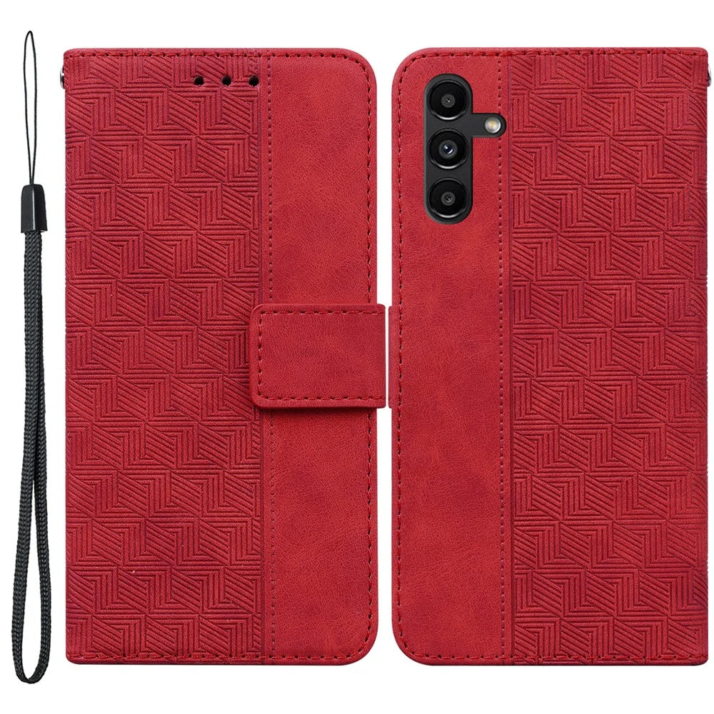 For Samsung Galaxy A13 5G / A04s 4G (164.7mm) Geometry Imprinting PU Leather + TPU Phone Case Wallet Stand Cover with Hand Strap - Red - 1