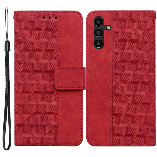 For Samsung Galaxy A13 5G / A04s 4G (164.7mm) Geometry Imprinting PU Leather + TPU Phone Case Wallet Stand Cover with Hand Strap - Red - 1