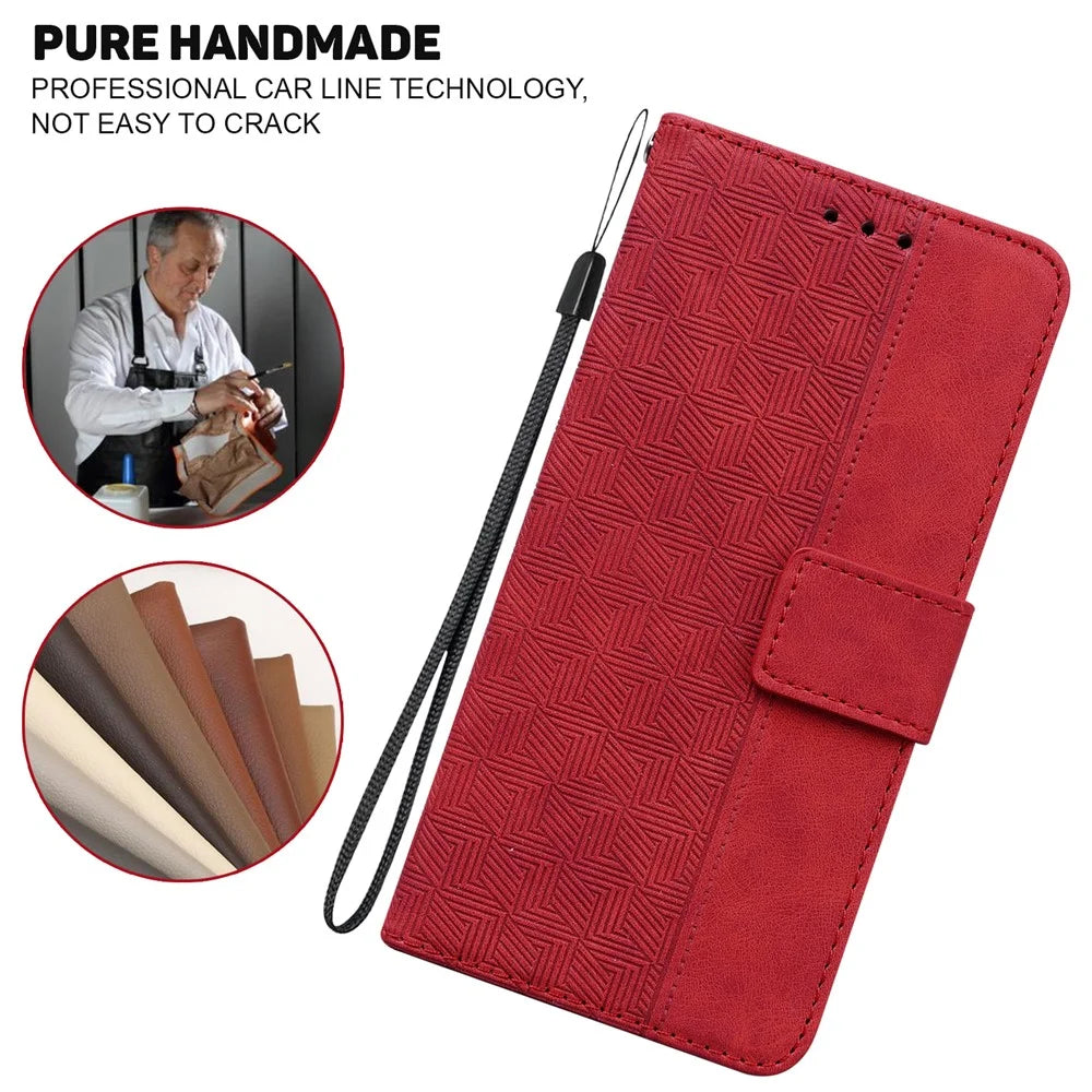 For Samsung Galaxy A13 5G / A04s 4G (164.7mm) Geometry Imprinting PU Leather + TPU Phone Case Wallet Stand Cover with Hand Strap - Red - 6
