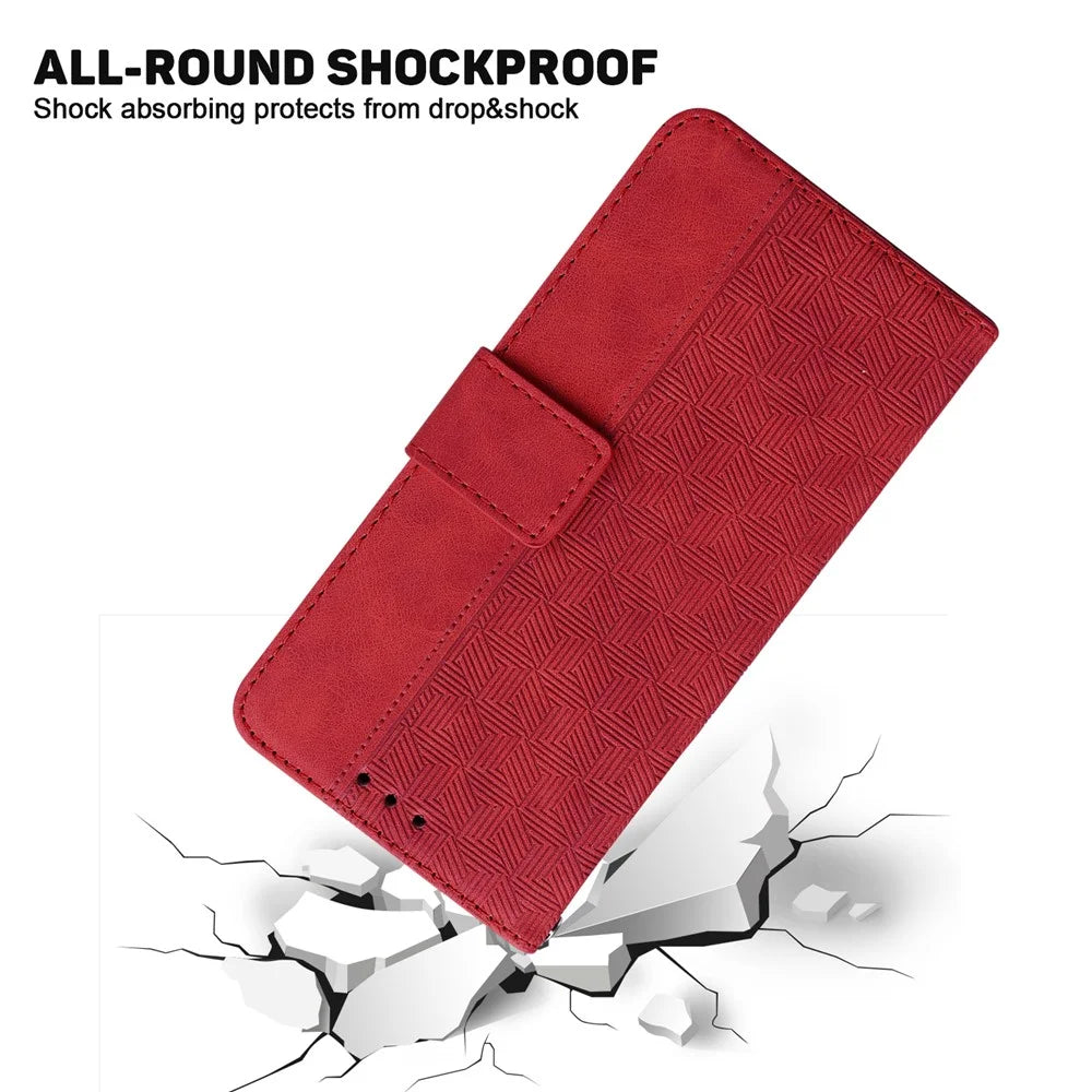 For Samsung Galaxy A13 5G / A04s 4G (164.7mm) Geometry Imprinting PU Leather + TPU Phone Case Wallet Stand Cover with Hand Strap - Red - 7