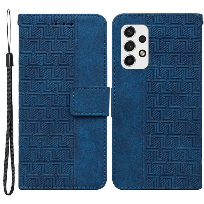 For Samsung Galaxy A33 5G Imprinting Geometry Leather Case Shockproof Wallet Stand Phone Shell with Hand Strap - Blue - 1