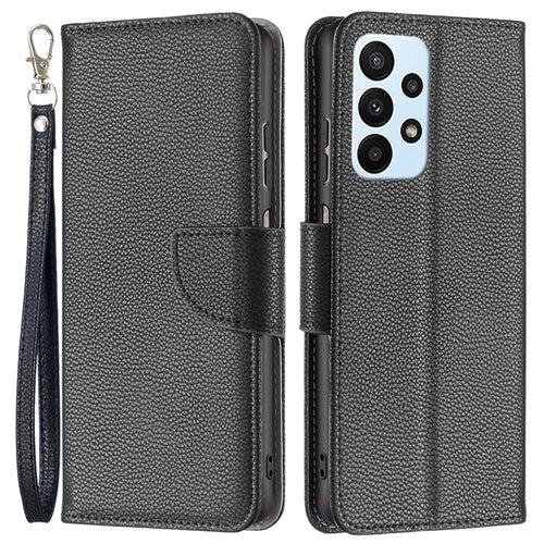 For Samsung Galaxy A23 4G / 5G (Global Version) Litchi Texture Scratch Resistant PU Leather Wallet Case Solid Color Stand Mobile Phone Cover - Black - 1