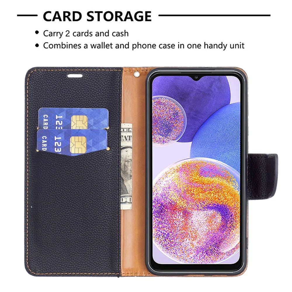 For Samsung Galaxy A23 4G / 5G (Global Version) Litchi Texture Scratch Resistant PU Leather Wallet Case Solid Color Stand Mobile Phone Cover - Black - 5