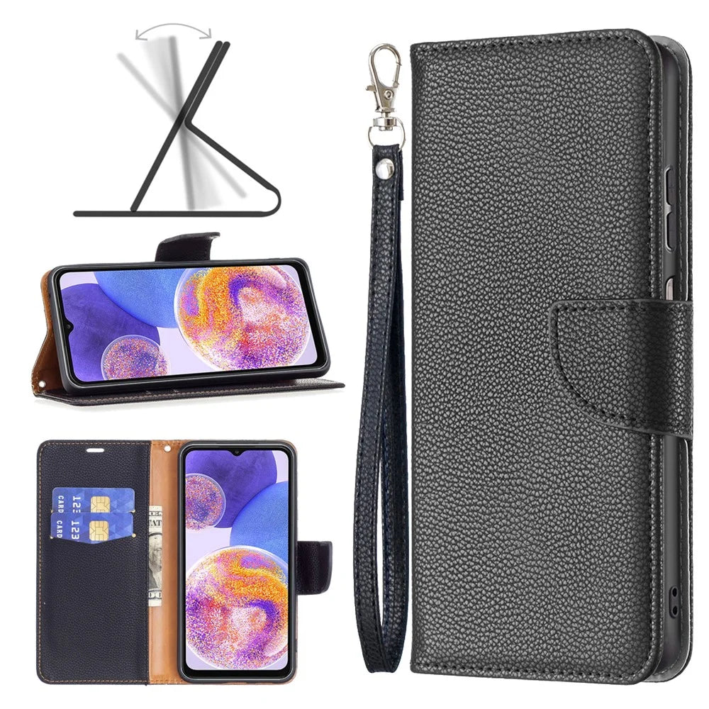 For Samsung Galaxy A23 4G / 5G (Global Version) Litchi Texture Scratch Resistant PU Leather Wallet Case Solid Color Stand Mobile Phone Cover - Black - 6