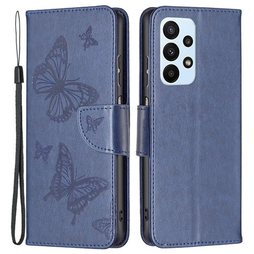 For Samsung Galaxy A23 4G / 5G (Global Version) Butterfly Imprinted Phone Case Anti-Drop PU Leather Wallet Stand Cover with Hand Strap - Dark Blue - 1