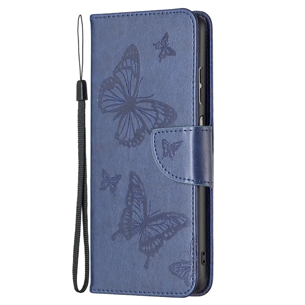 For Samsung Galaxy A23 4G / 5G (Global Version) Butterfly Imprinted Phone Case Anti-Drop PU Leather Wallet Stand Cover with Hand Strap - Dark Blue - 2