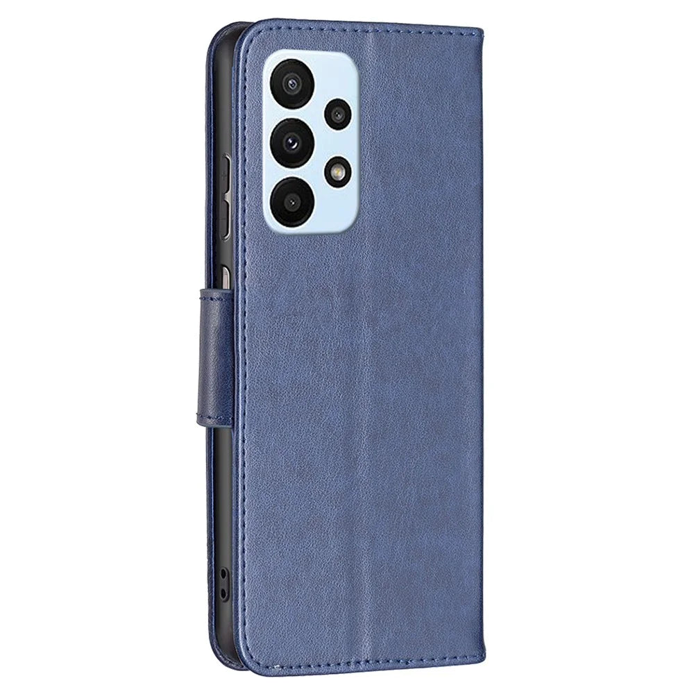 For Samsung Galaxy A23 4G / 5G (Global Version) Butterfly Imprinted Phone Case Anti-Drop PU Leather Wallet Stand Cover with Hand Strap - Dark Blue - 3
