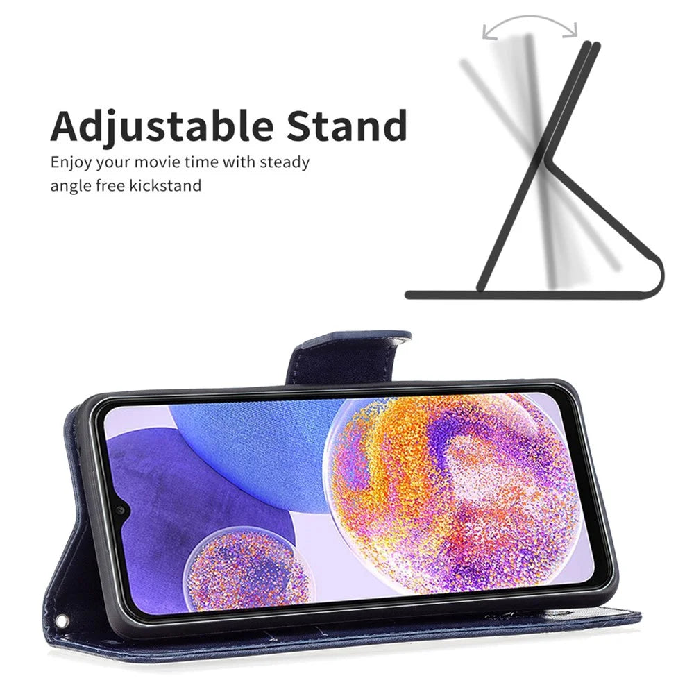 For Samsung Galaxy A23 4G / 5G (Global Version) Butterfly Imprinted Phone Case Anti-Drop PU Leather Wallet Stand Cover with Hand Strap - Dark Blue - 4