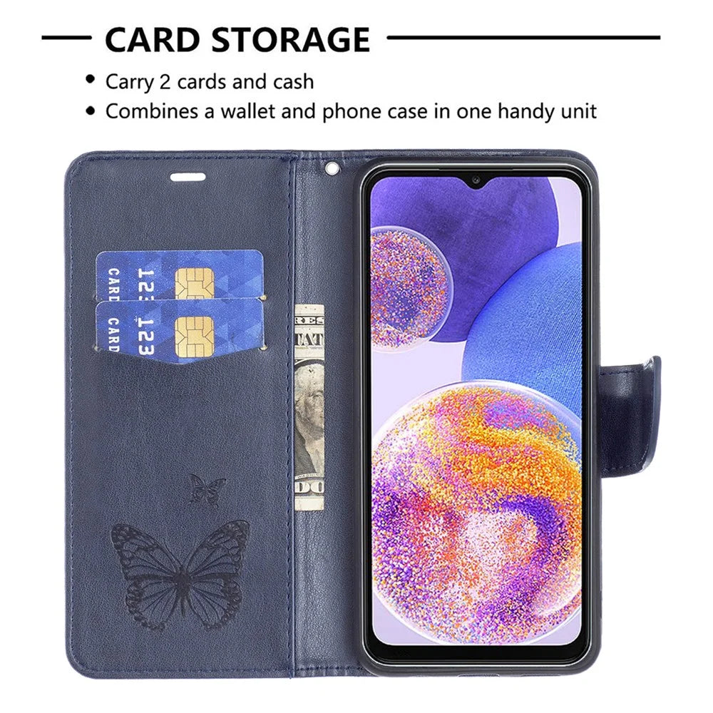 For Samsung Galaxy A23 4G / 5G (Global Version) Butterfly Imprinted Phone Case Anti-Drop PU Leather Wallet Stand Cover with Hand Strap - Dark Blue - 5