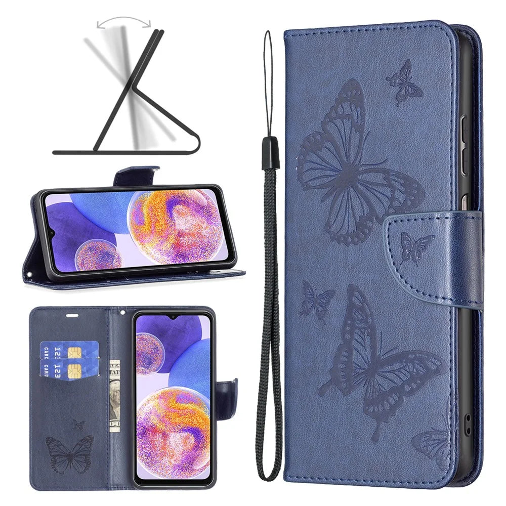 For Samsung Galaxy A23 4G / 5G (Global Version) Butterfly Imprinted Phone Case Anti-Drop PU Leather Wallet Stand Cover with Hand Strap - Dark Blue - 6