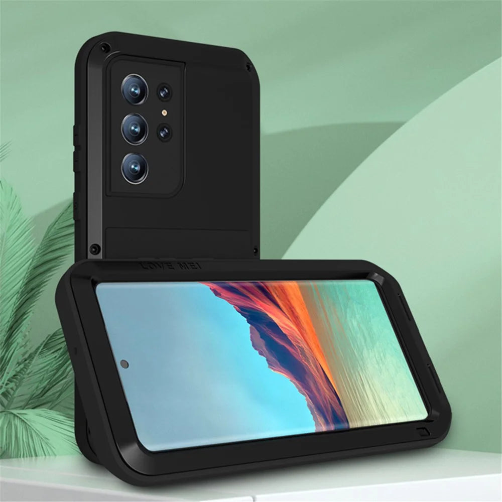 LOVE MEI for Samsung Galaxy S22 Ultra 5G Anti-scratch Anti-fall Metal Bumper Silicone Case Shell (without Tempered Glass) - Black - 3