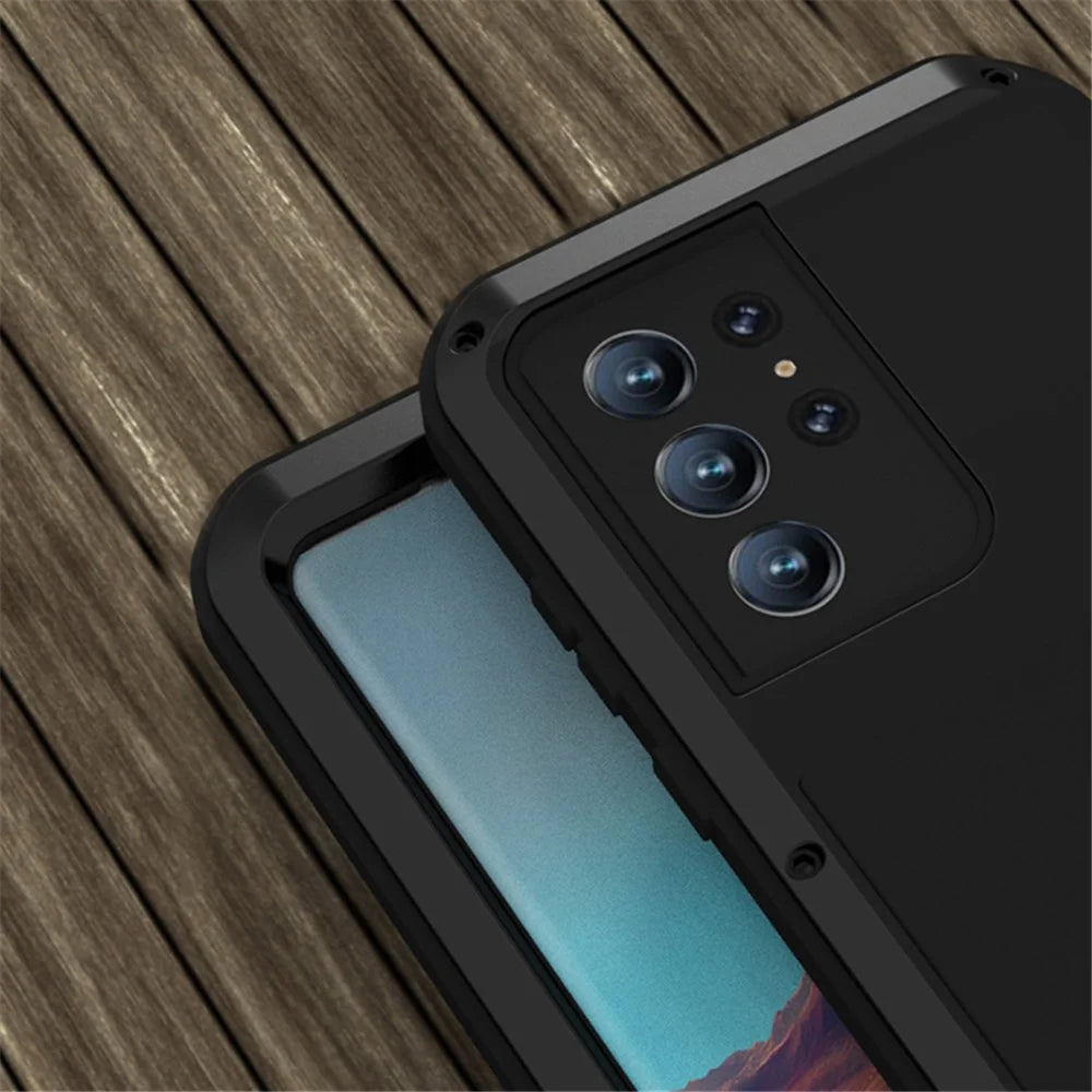 LOVE MEI for Samsung Galaxy S22 Ultra 5G Anti-scratch Anti-fall Metal Bumper Silicone Case Shell (without Tempered Glass) - Black - 6