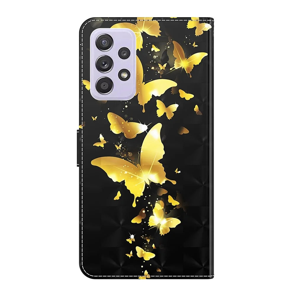For Samsung Galaxy A23 4G / 5G (Global Version) PU Leather Magnetic Flip Cover 3D Creative Pattern Printing Stand Function Hand Strap Wallet Purse Case - Golden Butterflies - 3