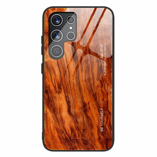 For Samsung Galaxy S22 Ultra 5G Wooden Pattern Tempered Glass Back + TPU Edge Hybrid Phone Cover Case - Orange - 1