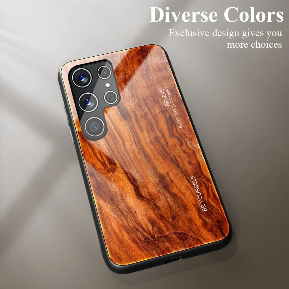 For Samsung Galaxy S22 Ultra 5G Wooden Pattern Tempered Glass Back + TPU Edge Hybrid Phone Cover Case - Orange - 3