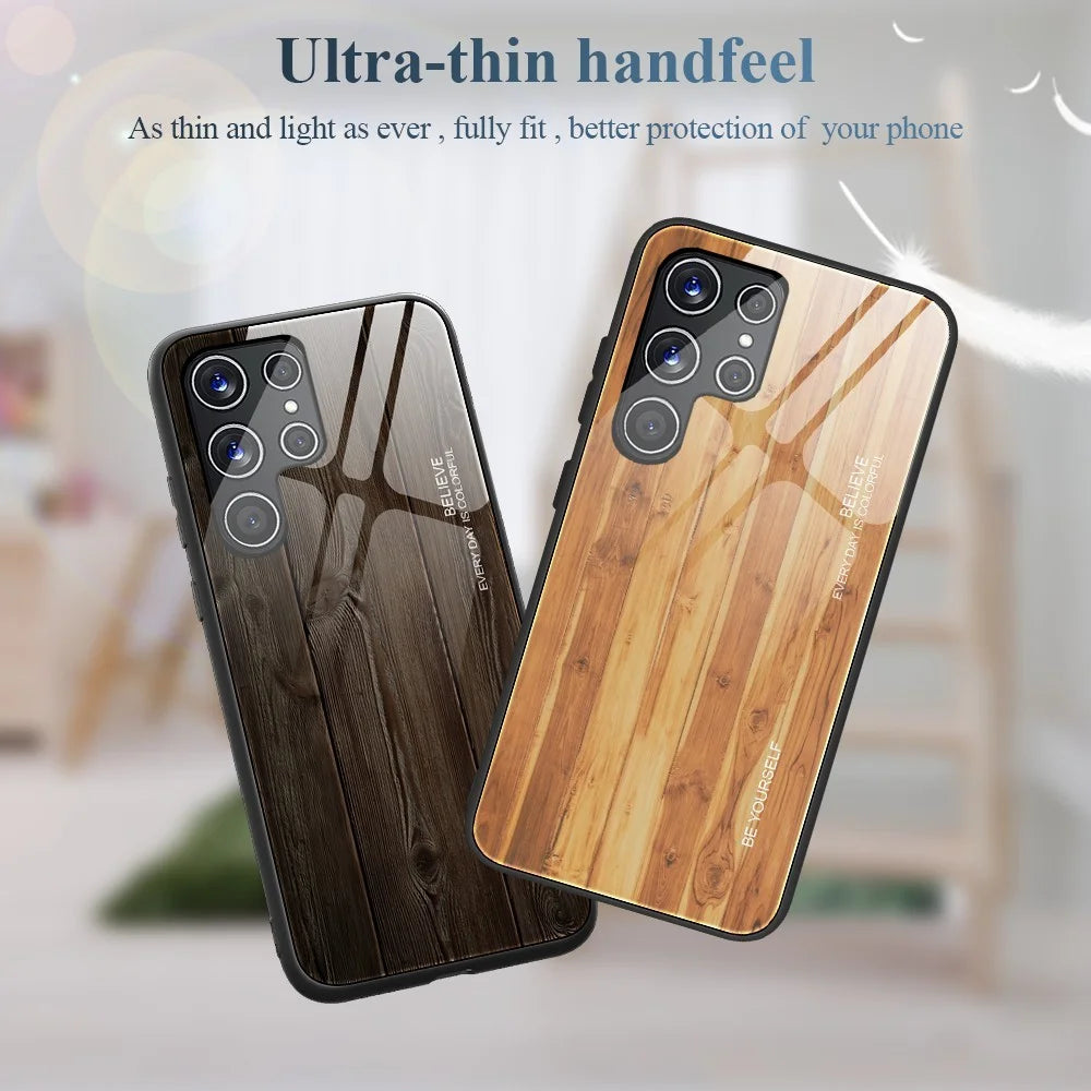 For Samsung Galaxy S22 Ultra 5G Wooden Pattern Tempered Glass Back + TPU Edge Hybrid Phone Cover Case - Orange - 5