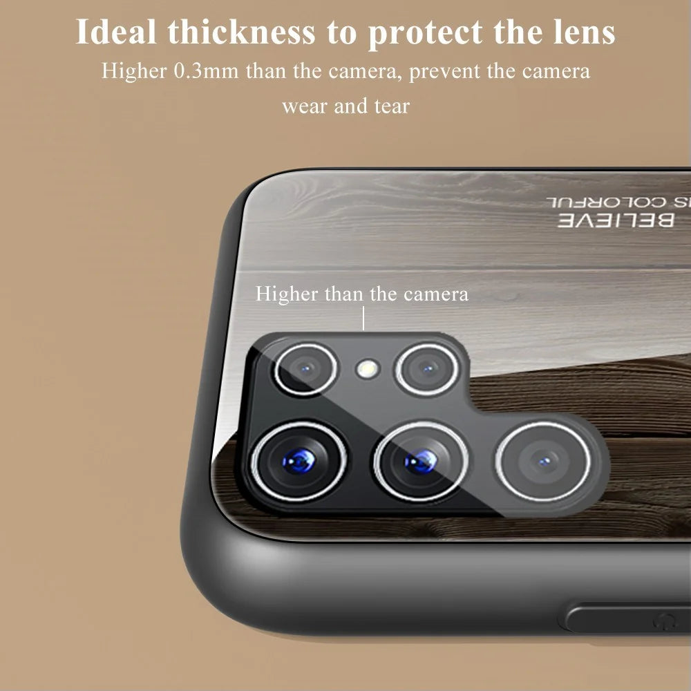 For Samsung Galaxy S22 Ultra 5G Wooden Pattern Tempered Glass Back + TPU Edge Hybrid Phone Cover Case - Orange - 6
