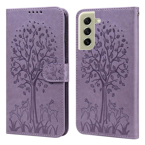 For Samsung Galaxy S21 FE 5G / S21 Fan Edition Deer Tree Pattern Imprinted PU Leather Protective Case Wallet Stand Flip Magnetic Clasp Closure Cover - Purple - 1