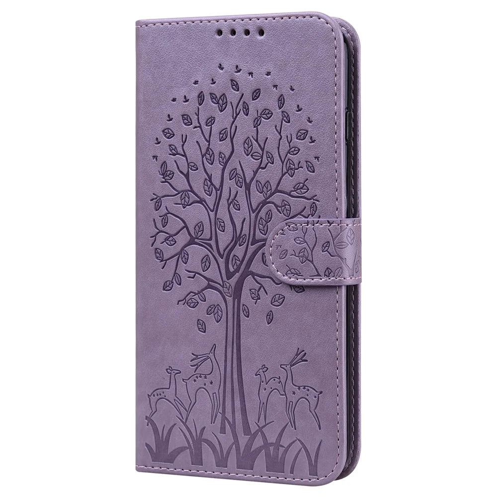 For Samsung Galaxy S21 FE 5G / S21 Fan Edition Deer Tree Pattern Imprinted PU Leather Protective Case Wallet Stand Flip Magnetic Clasp Closure Cover - Purple - 2