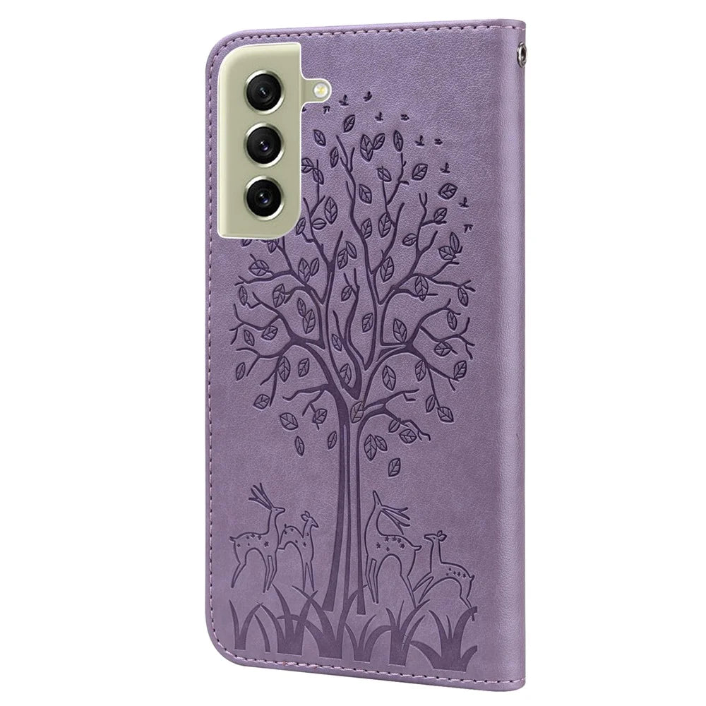 For Samsung Galaxy S21 FE 5G / S21 Fan Edition Deer Tree Pattern Imprinted PU Leather Protective Case Wallet Stand Flip Magnetic Clasp Closure Cover - Purple - 3
