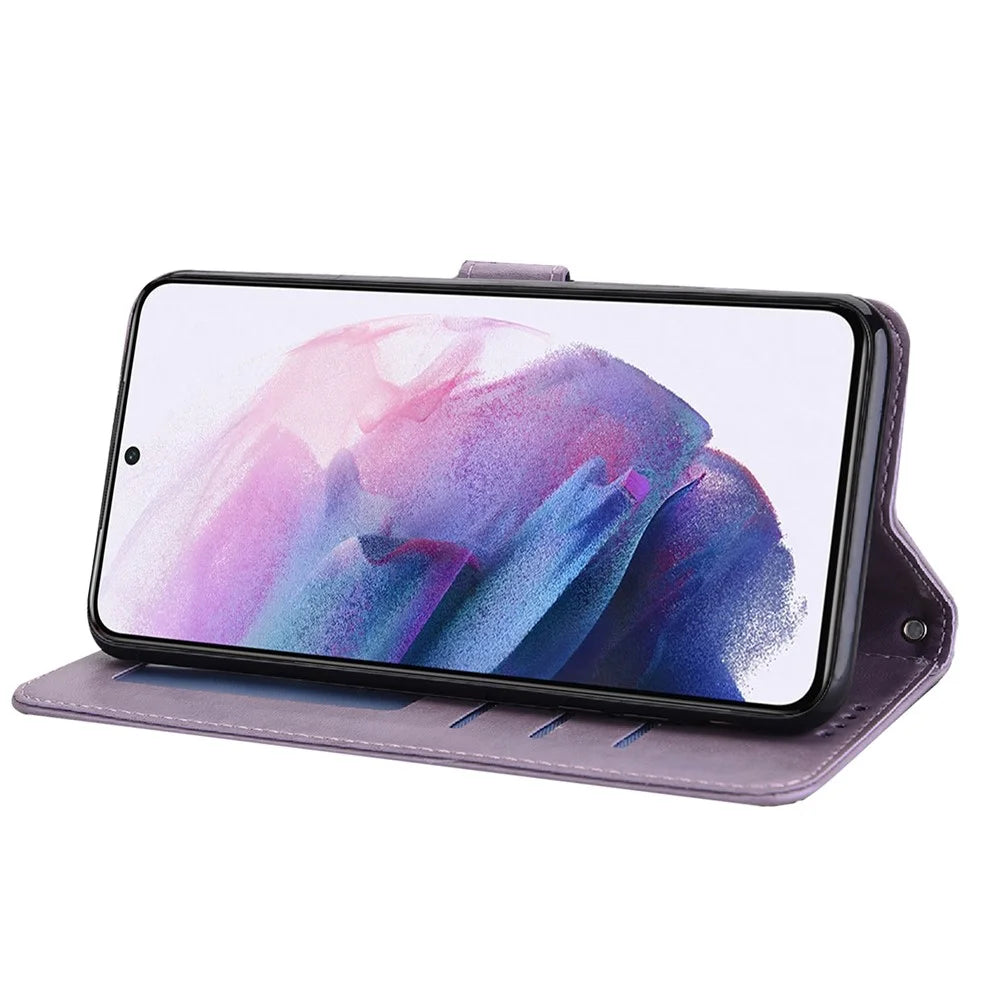 For Samsung Galaxy S21 FE 5G / S21 Fan Edition Deer Tree Pattern Imprinted PU Leather Protective Case Wallet Stand Flip Magnetic Clasp Closure Cover - Purple - 5