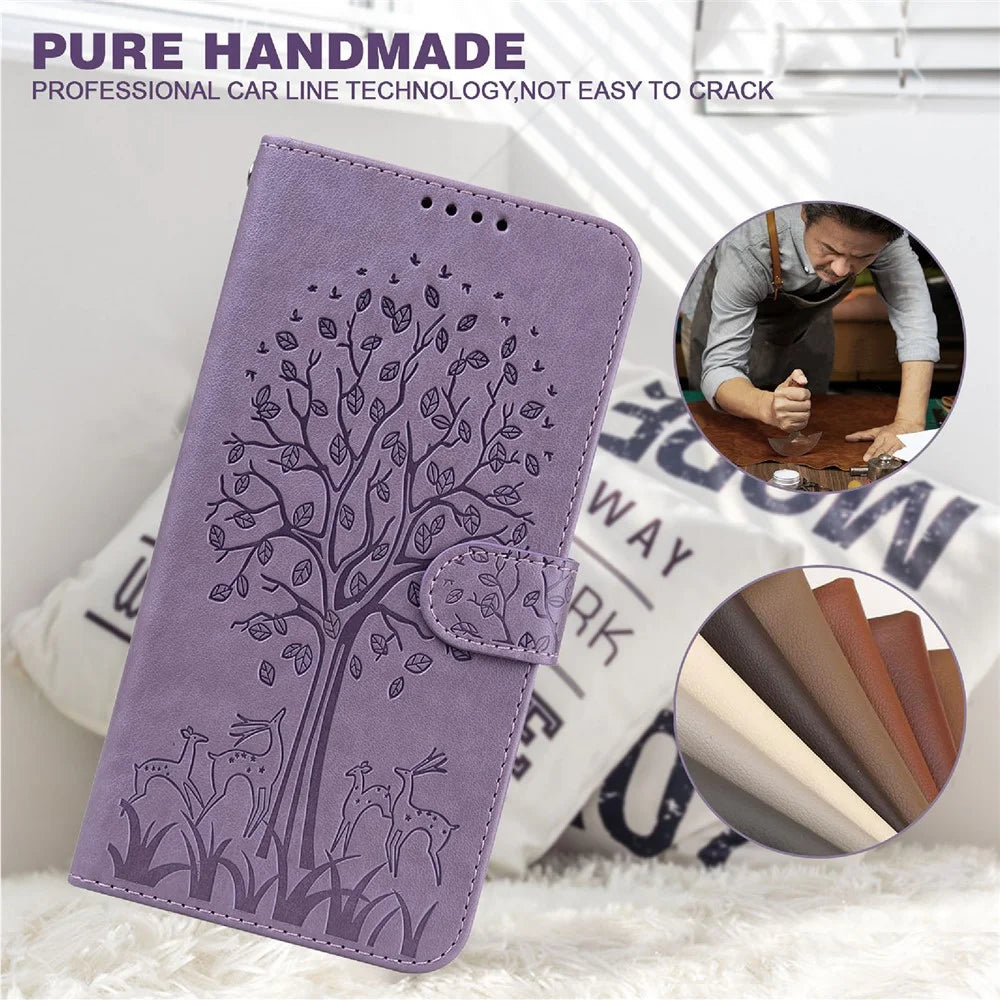 For Samsung Galaxy S21 FE 5G / S21 Fan Edition Deer Tree Pattern Imprinted PU Leather Protective Case Wallet Stand Flip Magnetic Clasp Closure Cover - Purple - 6