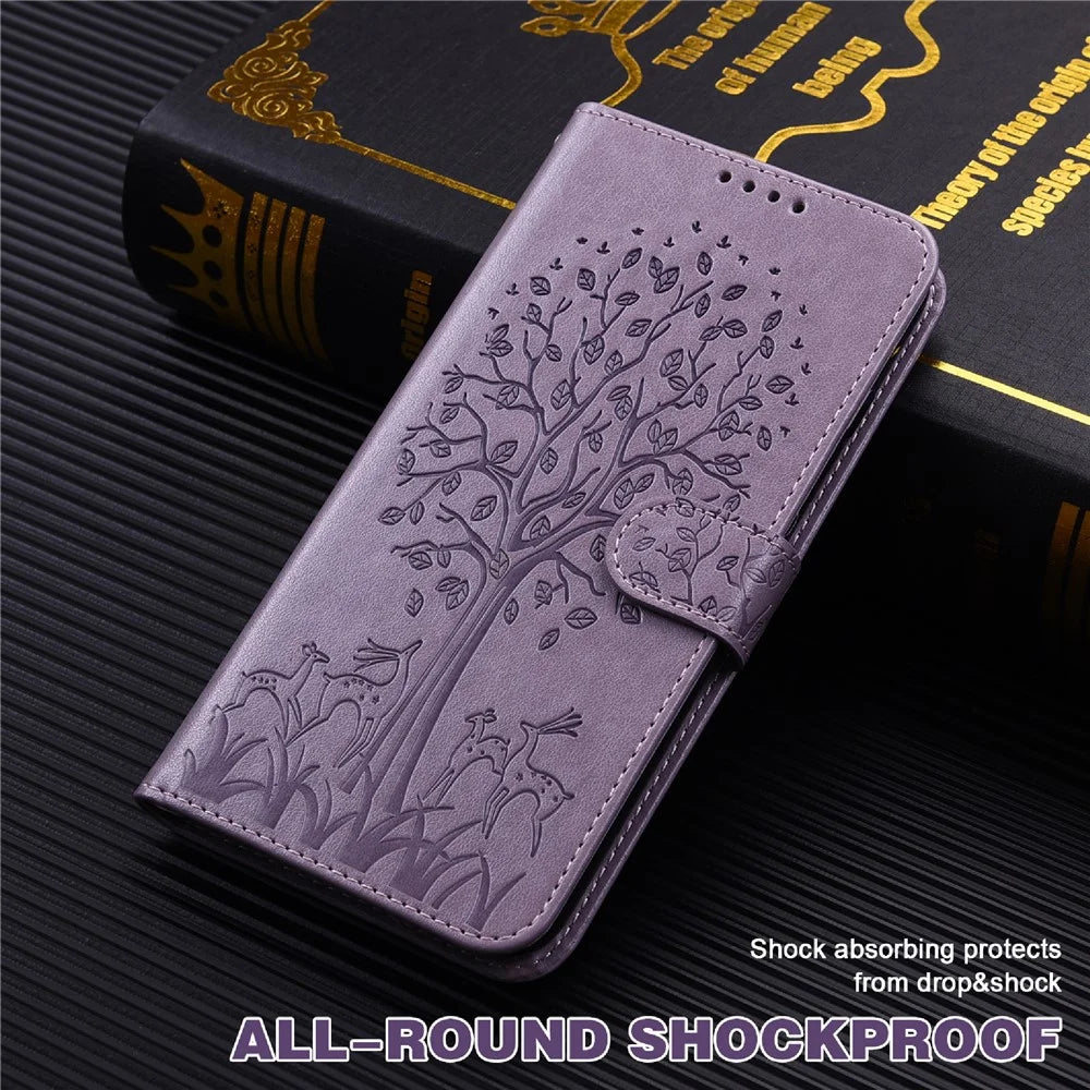 For Samsung Galaxy S21 FE 5G / S21 Fan Edition Deer Tree Pattern Imprinted PU Leather Protective Case Wallet Stand Flip Magnetic Clasp Closure Cover - Purple - 7