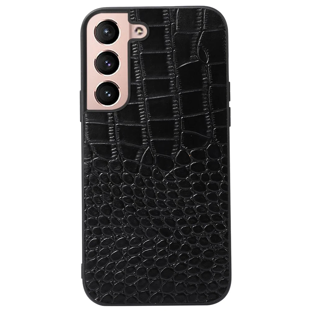 For Samsung Galaxy S22 5G Crocodile Texture Mobile Phone Case Genuine Cowhide Leather Coating Hybrid PC + TPU Protective Cover - Black - 1