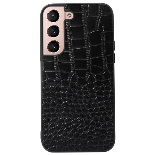 For Samsung Galaxy S22 5G Crocodile Texture Mobile Phone Case Genuine Cowhide Leather Coating Hybrid PC + TPU Protective Cover - Black - 1