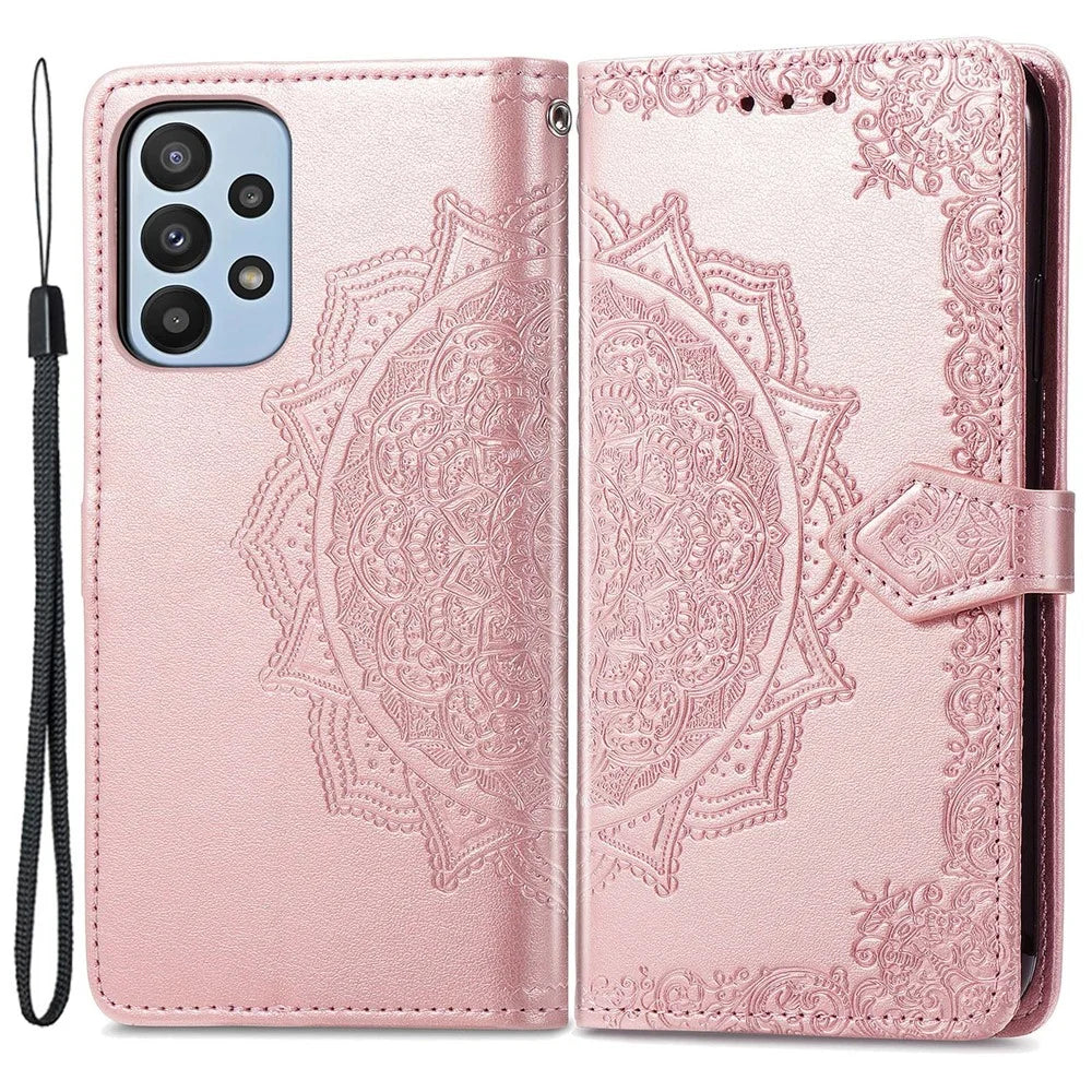 Mandala Embossed Phone Case for Samsung Galaxy A23 4G / 5G (Global Version) Anti-fall Stand Phone Cover Shell with Wallet - Rose Gold - 1